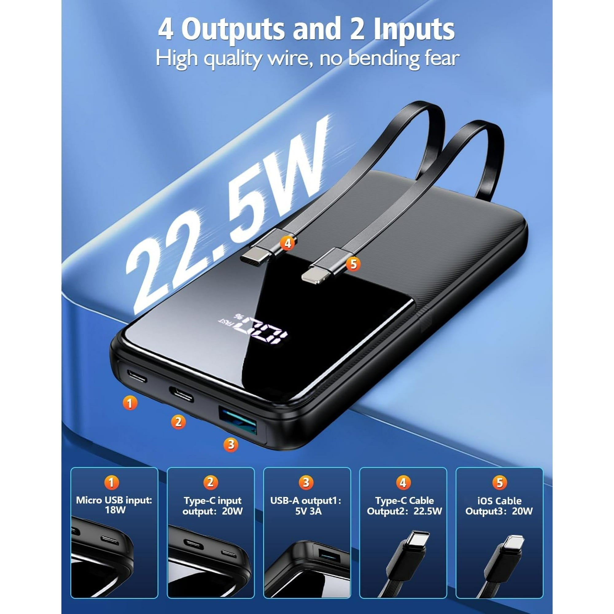 Portable Charger w/ Built-in Cables, 15000mAh