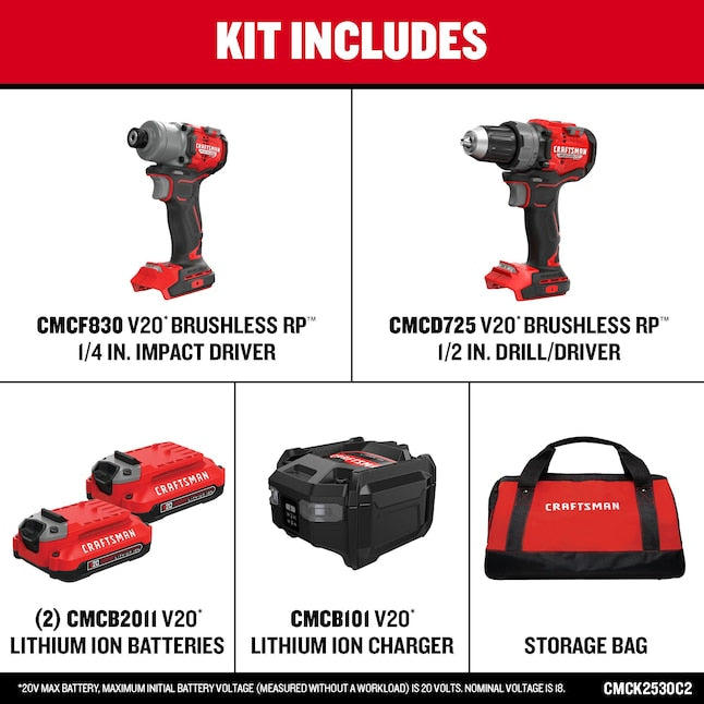 CRAFTSMAN V20 RP 20-volt Max 2-Tool Brushless Power Tool Combo Kit with Soft Case (2-Batteries and Charger Included)