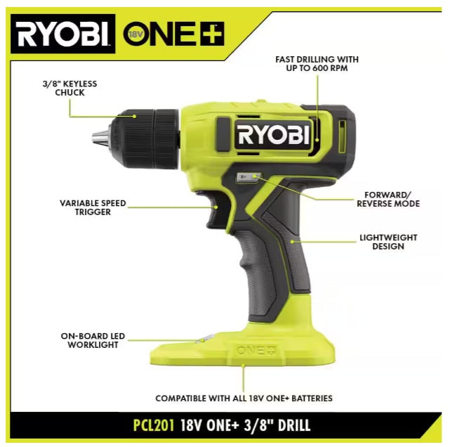 YOBI ONE+ 18V Cordless 3/8 in. Drill/Driver Kit with (1) 2.0 Ah Battery, Charger & 28-Piece Screwdriving Driving Bit Set